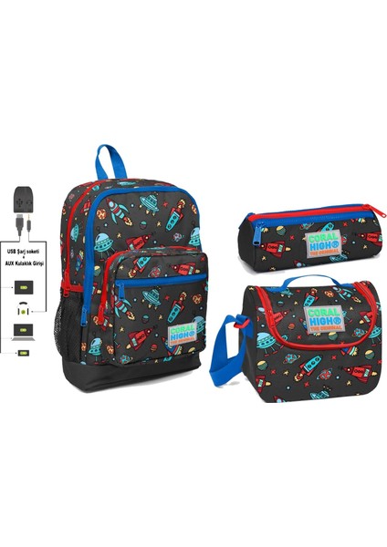 Coral High USB ve Aux Çıkışlı Okul Çanta Seti Erkek Çocuk Uzay ve Gezegenler