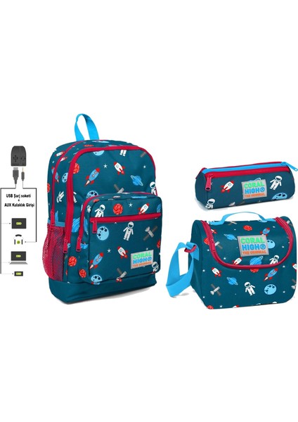 Coral High USB ve Aux Çıkışlı Okul Çanta Seti Erkek Çocuk Mavi Astronot Baskılı