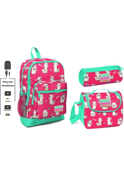 Coral High USB ve Aux Çıkışlı Okul Çanta Seti Kız Çocuk Lama Desenli