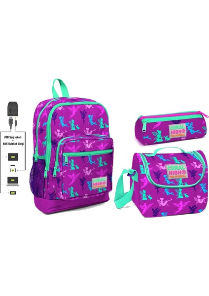 Coral High USB ve Aux Çıkışlı Okul Çanta Seti Kız Çocuk Peri Desenli