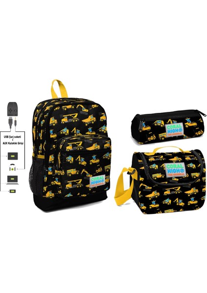Coral High USB ve Aux Çıkışlı Okul Çanta Seti Erkek Çocuk Sarısiyah Iş Makineleri