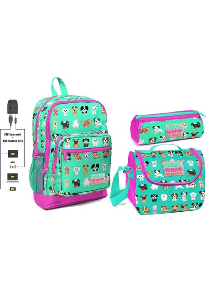 Coral High USB ve Aux Çıkışlı Okul Çanta Seti Kız Çocuk Sevimli Köpekler