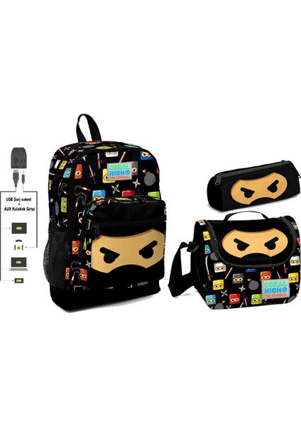 Coral High USB ve Aux Çıkışlı Okul Çanta Seti Erkek Çocuk Siyah Ninja Desenli