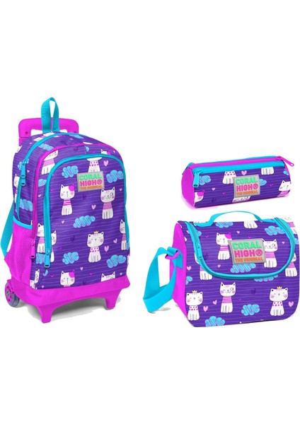 Coral High Mor Kedi Desenli Çekçek Tekerlekli Okul Çanta Seti