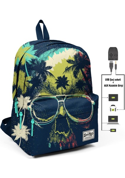 Coral High Lacivert Kurukafa Üç Gözlü Okul ve Günlük Sırt Çantası Usb+Aux Soketli