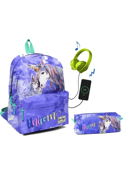 Coral High Üç Bölmeli Ortaokul ve Lise Okul Çantası Seti Mavi Unicornlar