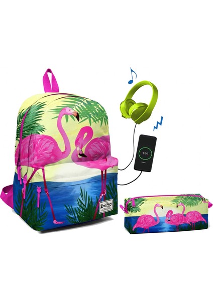 Coral High Üç Bölmeli Ortaokul ve Lise Okul Çantası Seti Pembe Flamingolar