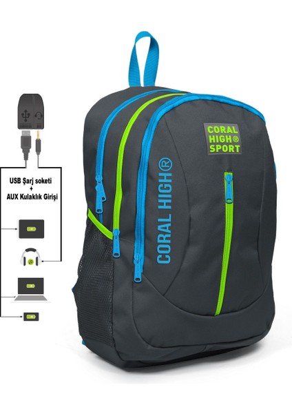 Coral High Sport Mavigri Okul ve Günlük Sırt Çantası USB ve Aux Çıkışlı