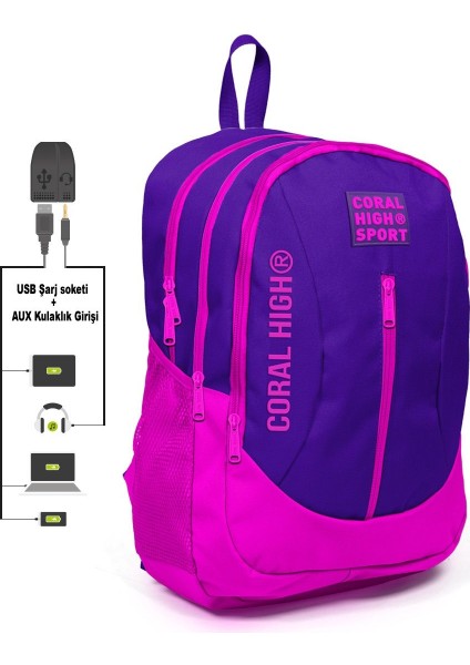 Coral High Sport Pembemor Okul ve Günlük Sırt Çantası  USB ve Aux Çıkışlı