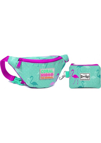 Coral High Flamingo Baskılı Bel Çantası Seti Pembe Yeşil
