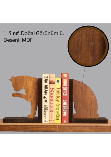 Dekoratif Ahşap Kitap Tutucu Kedi Figürlü