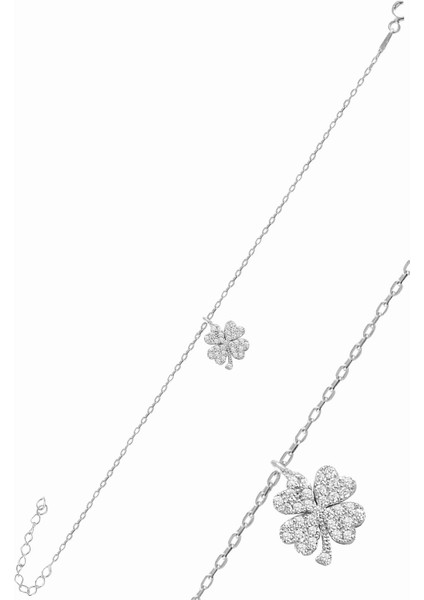 Gümüş Rodyumlu Zirkon Taşlı Yonca Bileklik