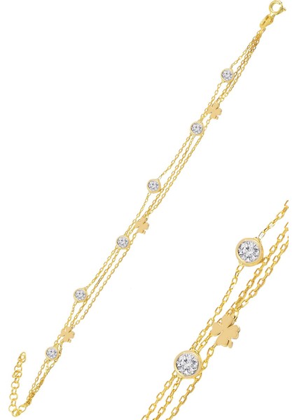 Gümüş Altın Yaldızlı Zirkon Taşlı Yonca Figürlü Bileklik