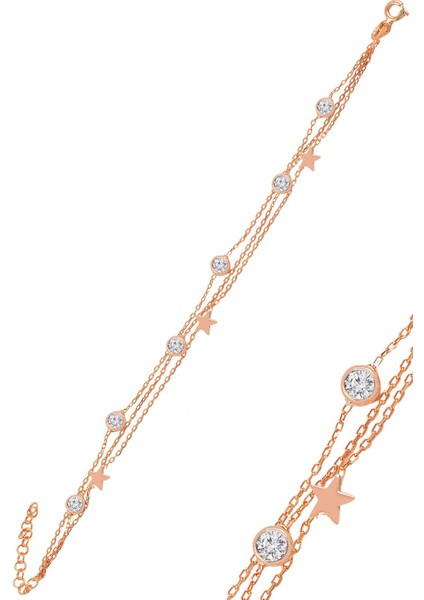 Gümüş Rose Zirkon Taşlı Yıldız Figürlü Bileklik