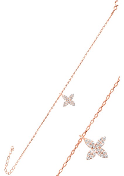 Gümüş Rose Zirkon Taşlı Yonca Bileklik