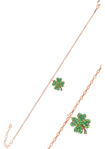 Gümüş Rose Yeşil Taşlı Yonca Bileklik