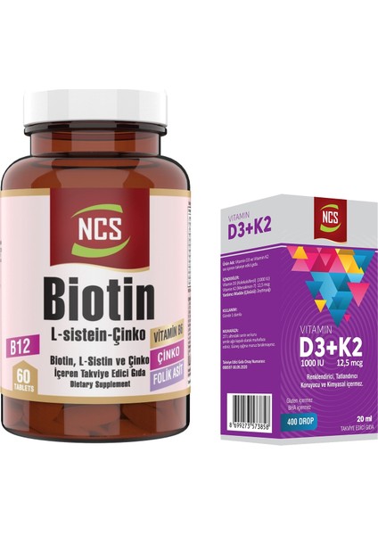 Biotin L Sistein Çinko Vitamin B1-B2-B5-B6 Folik Asit 60 Tablet & Ncs Vitamin D3 + K2 Damla 20 ml