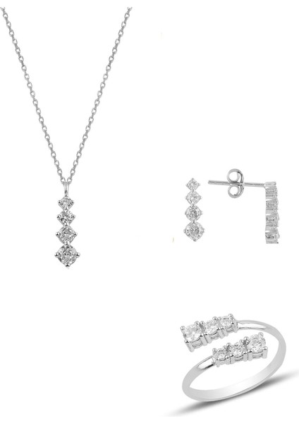 Gümüş Rodyumlu Zirkon Taşlı Pırlanta Modeli Pırıltı Üçlü Set