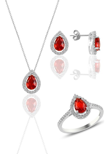 Gümüş Rodyumlu Kırmızı Taşlı Damla Modeli Üçlü Set