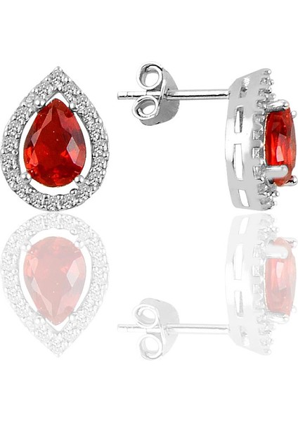 Gümüş Rodyumlu Kırmızı Taşlı Damla Modeli Üçlü Set modelleri