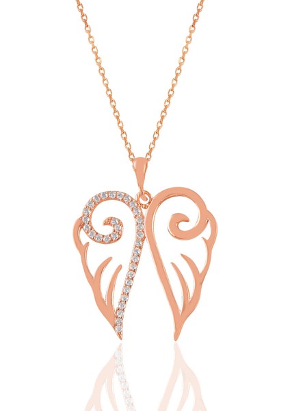 Gümüş Rose Zirkon Taşlı Işlemeli Kanat Kolye
