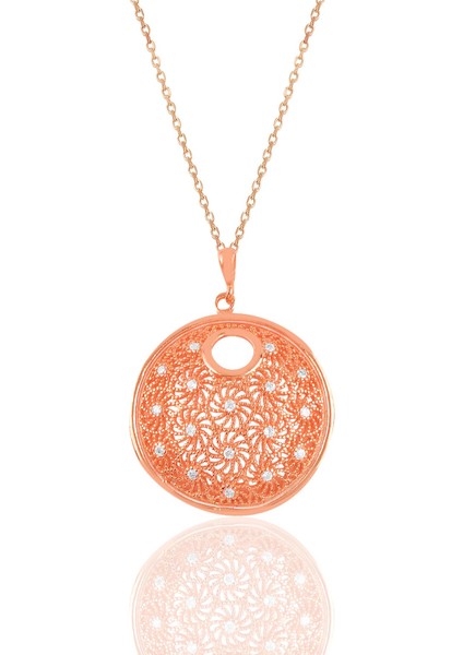 Gümüş Rose Zirkon Taşlı Modern Telkari Görünümlü Kolye