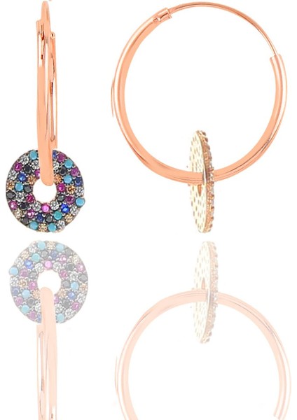 Gümüş Rose Renkli Taşlı Halka Küpe