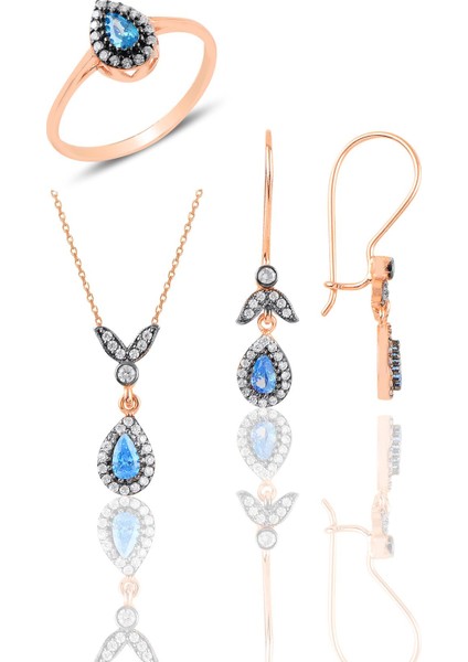 Gümüş Rose Akuamarin Taşlı Damla Üçlü Set