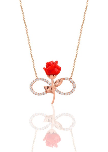 Gümüş Rose Kırmızı Gül Sonsuzluk Kolye