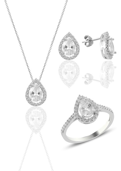 Gümüş Rodyumlu Zirkon Taşlı Damla Modeli Üçlü Set