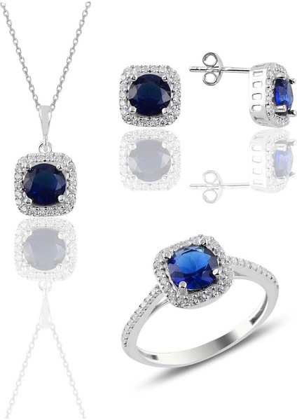 Gümüş Rodyumlu Safir Taşlı Kare Üçlü Set