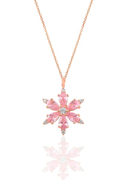 Gümüş Rose Pembe Taşlı Kar Tanesi Kolye