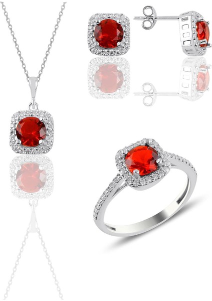 Gümüş Rodyumlu Kırmızı Taşlı Kare Üçlü Set