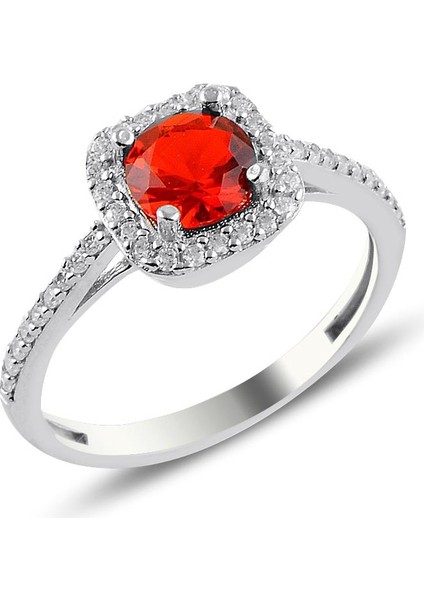 Gümüş Rodyumlu Kırmızı Taşlı Kare Üçlü Set modelleri