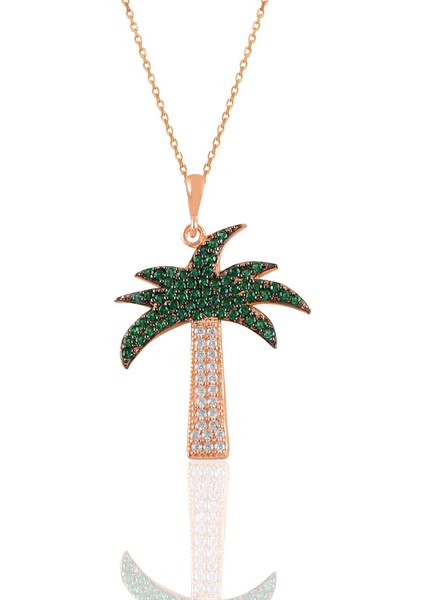 Gümüş Rose Kök Zümrüt ve Zirkon Taşlı Palmiye Kolye