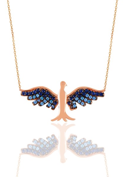 Gümüş Rose Safir ve Akuamarin Taşlı Simurg Anka Kuşu Kolye