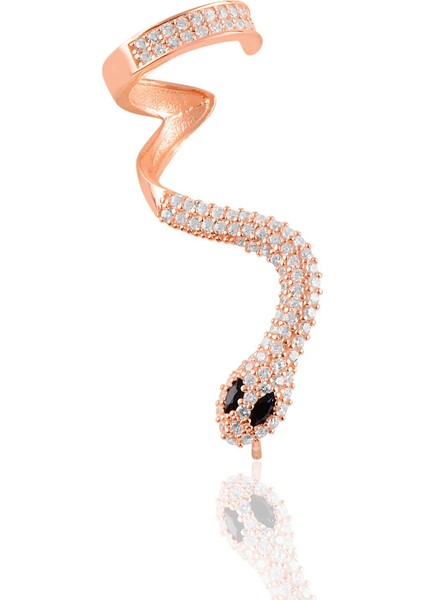 Gümüş Rose Siyah Taşlı Tekli Yılan Küpe.