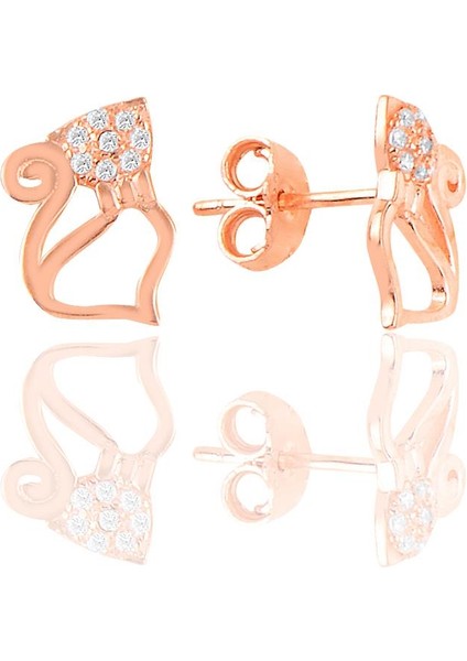 Gümüş Rose Zirkon Taşlı Kedi Küpe