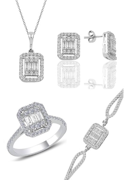 925 Ayar Gümüş Rodyumlu Dörtlü Takım Baget Taşlı Şık Tasarım