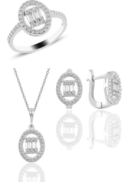 Gümüş Rodyumlu Oval Gümüş Düz Baget Taşlı Üçlü Set