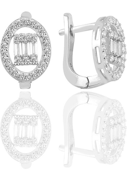 Gümüş Rodyumlu Oval Gümüş Düz Baget Taşlı Üçlü Set