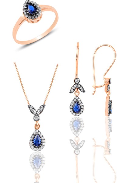 Gümüş Rose Safir Taşlı Damla Üçlü Set