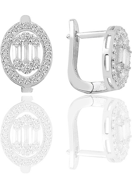 Gümüş Rodyumlu Oval Gümüş Baget Taşlı Üçlü Set