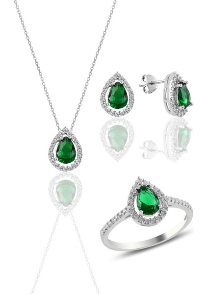 Gümüş Rodyumlu Kök Zümrüt Taşlı Damla Modeli Üçlü Set