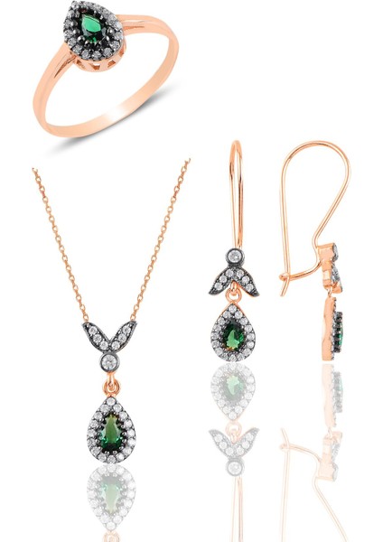 Gümüş Rose Kök Zümrüt Taşlı Damla Üçlü Set