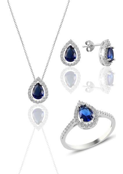 Gümüş Rodyumlu Safir Taşlı Damla Modeli Üçlü Set