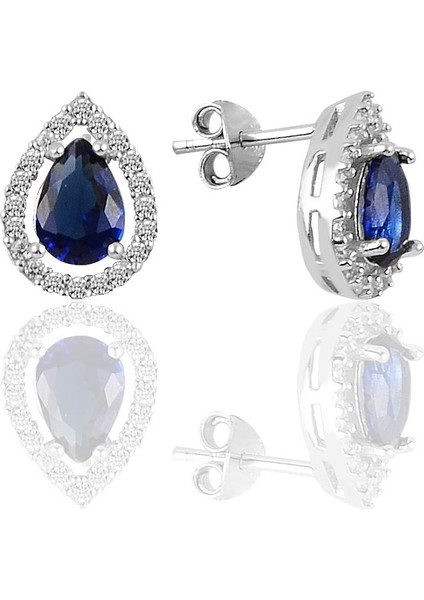 Gümüş Rodyumlu Safir Taşlı Damla Modeli Üçlü Set modelleri
