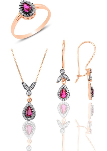 Gümüş Rose Kök Yakut Taşlı Damla Üçlü Set