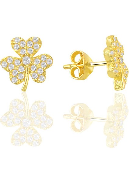 Gümüş Altın Yaldızlı Zirkon Taşlı Yonca Küpe