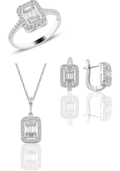 Gümüş Rodyumlu Gümüş Baget Taşlı Üçlü Set